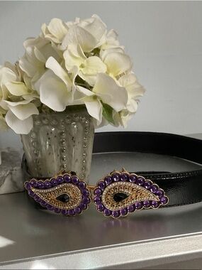 Carlisle Black Leather Belt with Purple and Gold Paisley Buckles